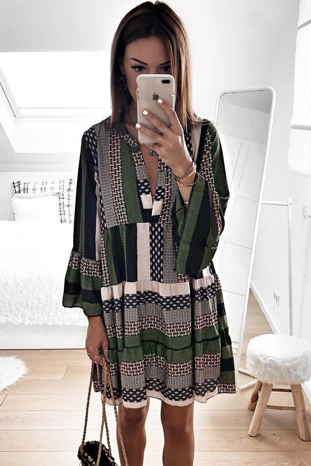 Print V neck Ruffle Swing Mini Dress