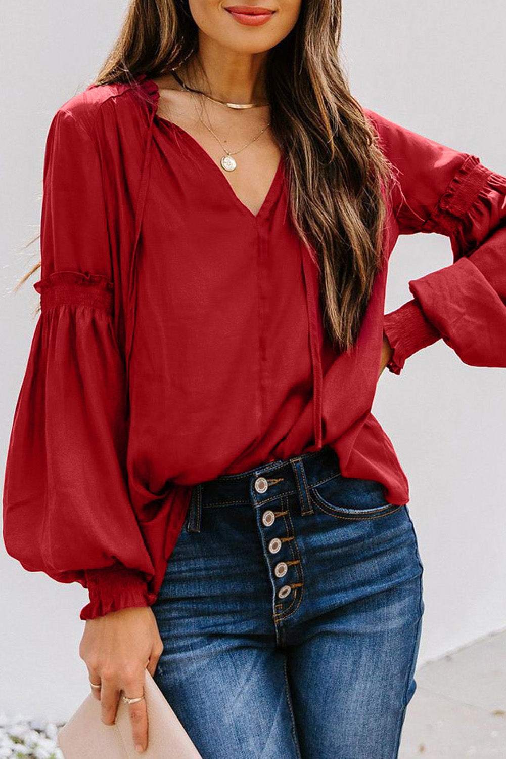 Satin V-neck Lantern Sleeve Drawstring Blouse