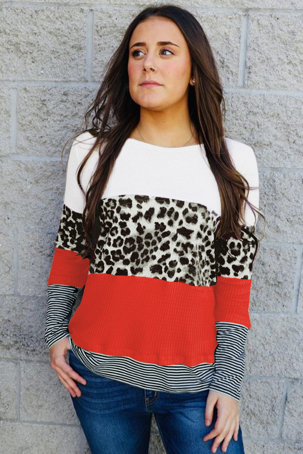 Top de manga larga con estampado de rayas y estampado de leopardo
