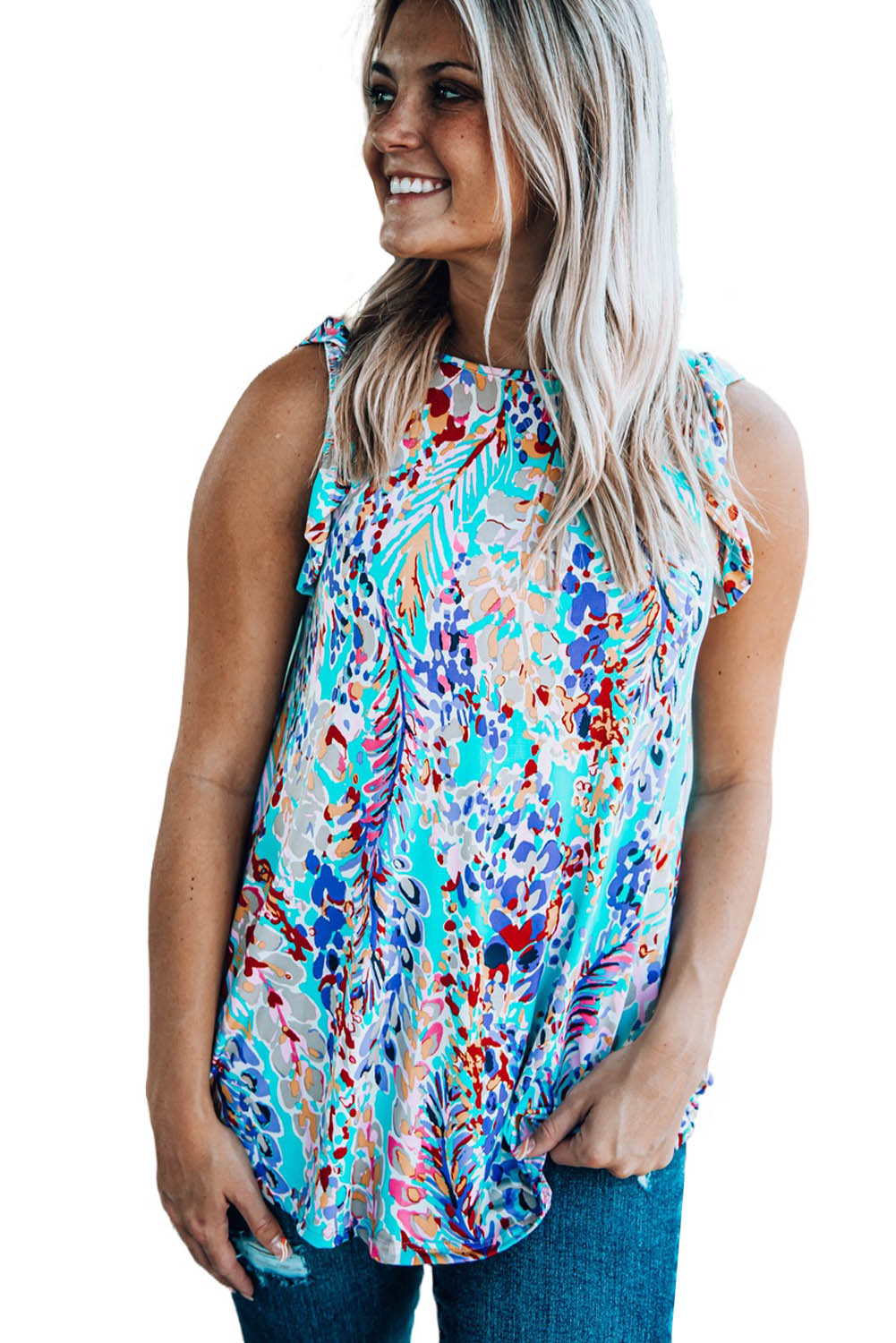 Floral Print Tank Top with Ruffles