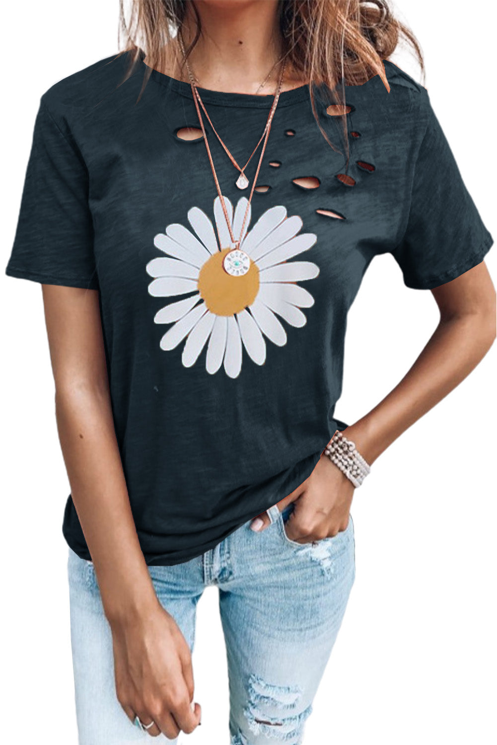 Distressed Crew Neck Leaves Pattern T-shirt