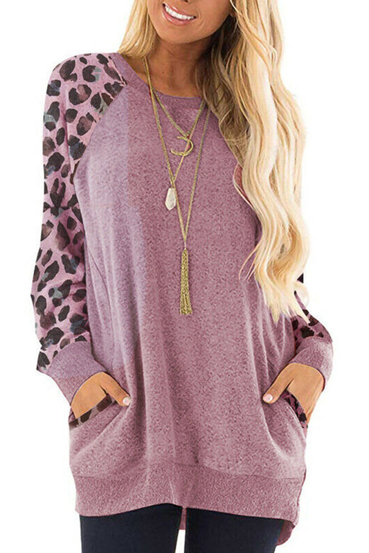 Top casual de manga raglán con estampado de leopardo