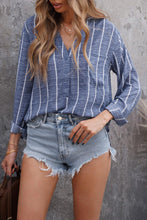 /Blue Striped V Neck Pocket Long Sleeve Top - HannaBanna Clothing