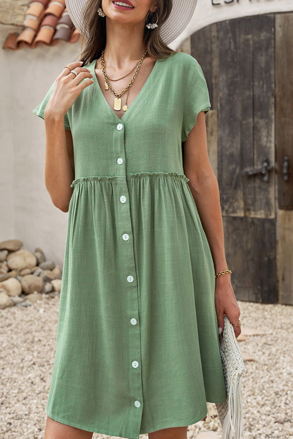 V Neck Buttoned Empire Waist Babydoll Mini Dress