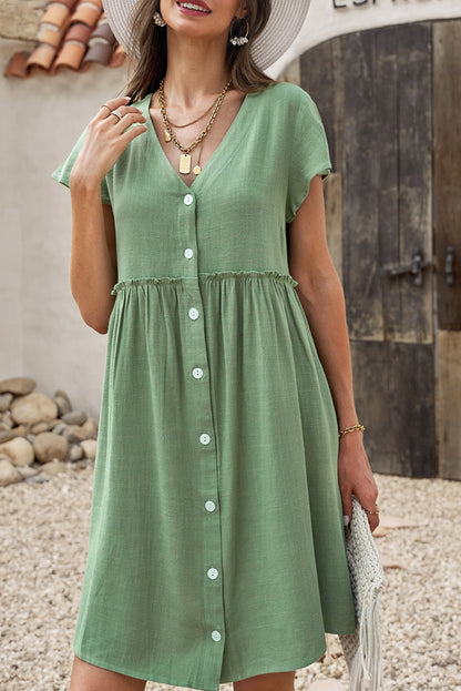 V Neck Buttoned Empire Waist Babydoll Mini Dress