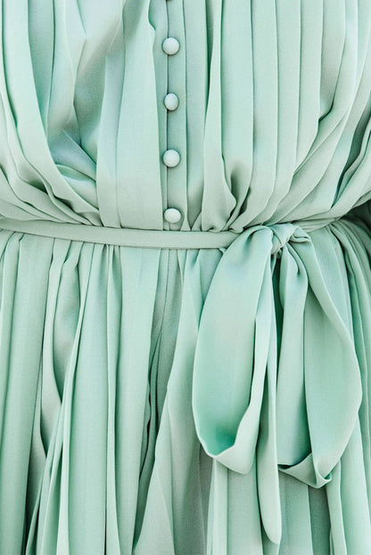 Pleated Ruffled Tie Waist Buttons V Neck Romper