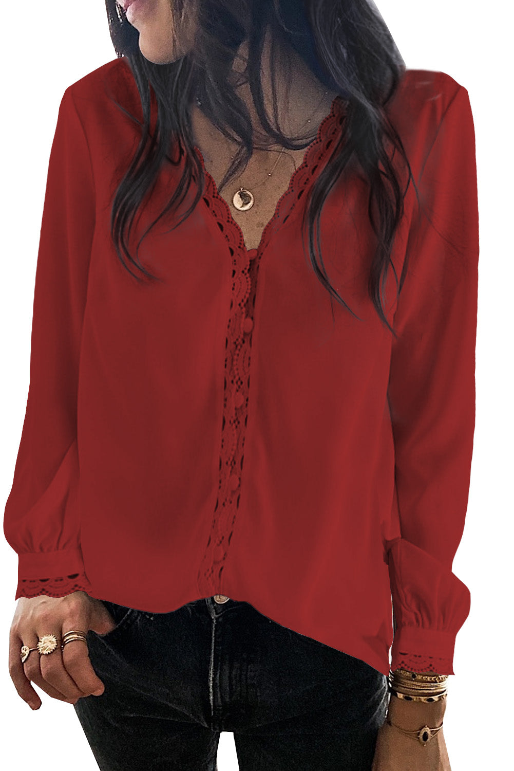 Lace Crochet Buttoned Long Sleeve Shirt