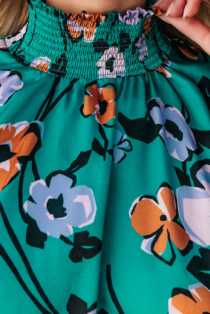Chemisier à col montant et smocks à imprimé floral
