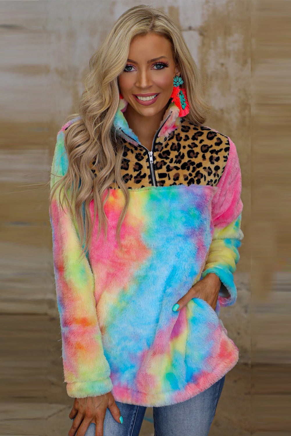 Sudadera de polar con efecto tie-dye y empalme de leopardo